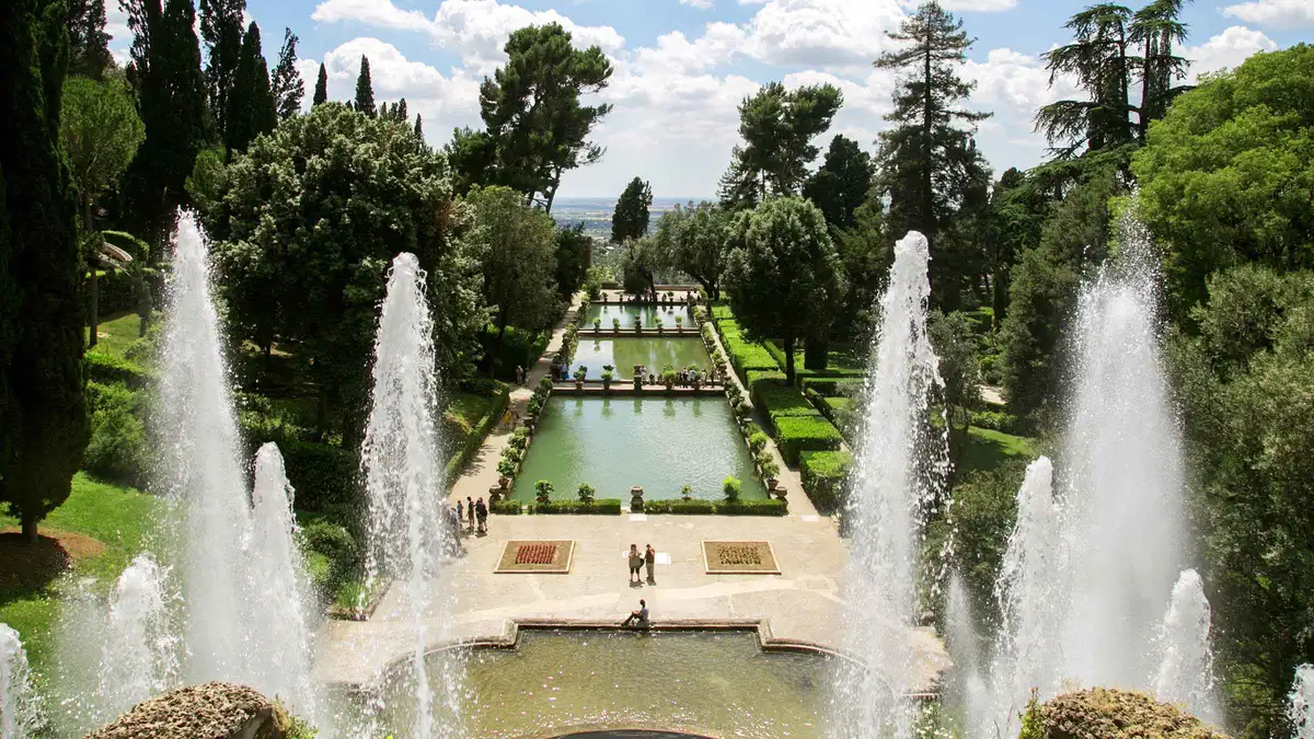 Fountains in the gardens of Villa d'Este on a Villa d'Este and Hadrian's Villa day tour from Rome to Tivoli, Italy